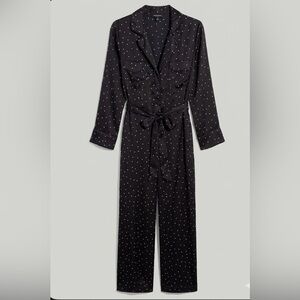 Lucky Brand Polka Dot Jumpsuit Black White Long Sleeve Belted Satin Feel S